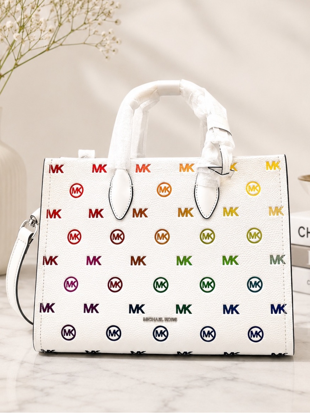 Michael Kors Mirella Medium Rainbow Logo Embossed Tote Bag - Picture 2 of 8